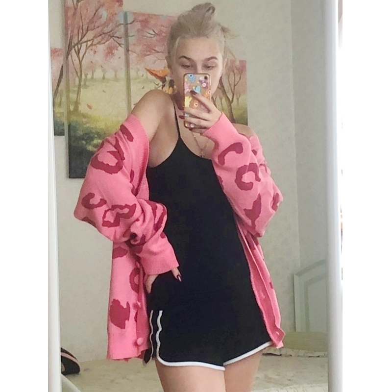 

OUMENGKA Women Sweaters Autumn Winter Fashionable Casual Leopard V-Neck Single Breasted Puff Sleeve Loose Cardigans Coat 201203, Pink