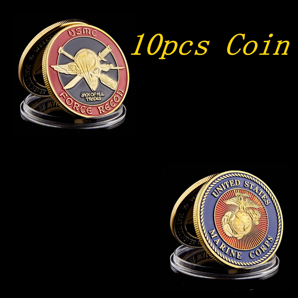 10pcs Arts and Crafts US Marine Corps Challenge Force Recon USMC Military Gold Plated Coin Collection-image-600079886