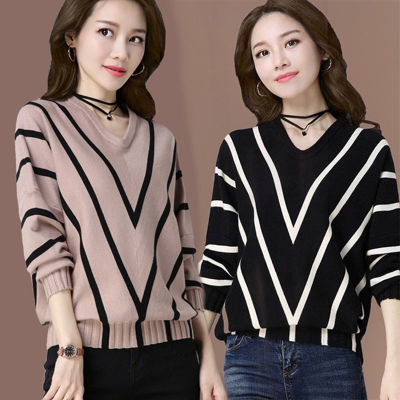 

Female Fashion Sweater New Tightrope Bat Tarja Top Autumn Mesh with Casual v Jumper Plus Size R511 Hdzv, Black