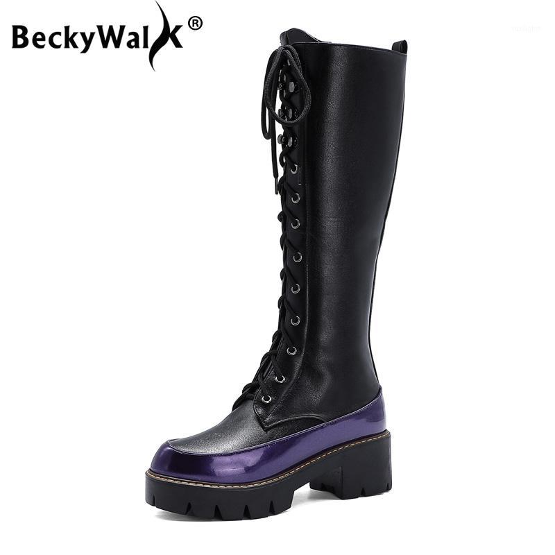 

Winter Platform Shoes Women Knee High Boots Women's Lace-up Motorcycle Boots Snake Pattern Heels Platform WSH37341, White