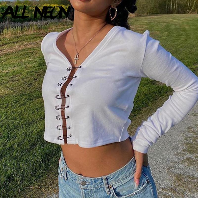 

ALLNeon Y2K Fashion Brooches Front Solid Cropped Tops Punk Style V-neck Long Sleeve White T-shirts 90s Streetwear Grunge Tee New, Black