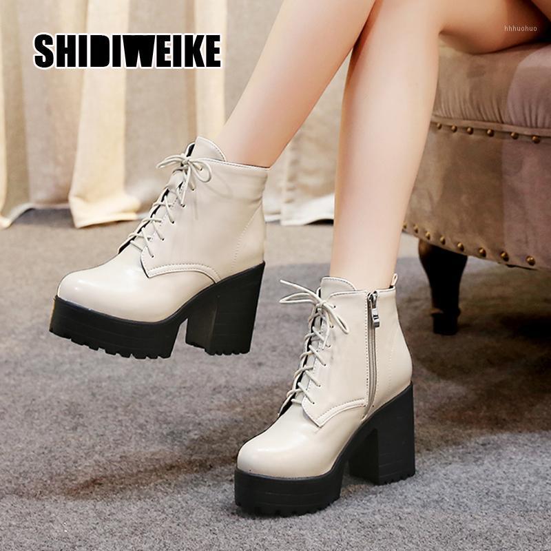 

fashion Cross straps Women's Boots Fashion Platform Ankle boots Lace Side zipper Western Women Shoes v8311, Black