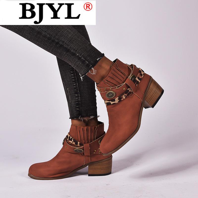 

2020 Autumn Women's Boots Fashion Shallow Mouth Thick-heel Low Boots Retro Round Mid-heel Casual Women's Zapatos De Mujer, Brown