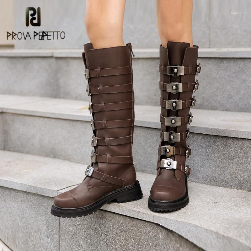 

Prova Perfetto Genuine Leather Lady's Thigh High Boots Street Style Solid Color Metal Decoration Buckle Strap Thick Bottom Boots1, Black