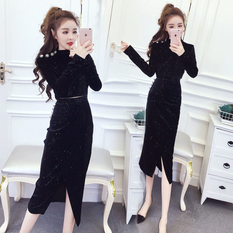 

New beginning 2021 of autumn bright velvet silk defines long sleeve upper shirt + divided skirt two girls'joint suits y454 T1KV, Suit