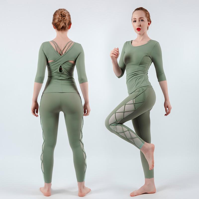 

PENERAN Crossover Design Yoga Set Women Sportswear Long Sleeve Top Leggings Gym Clothing Sport Outfit for Women Fitness Suit 2XL, Top 4