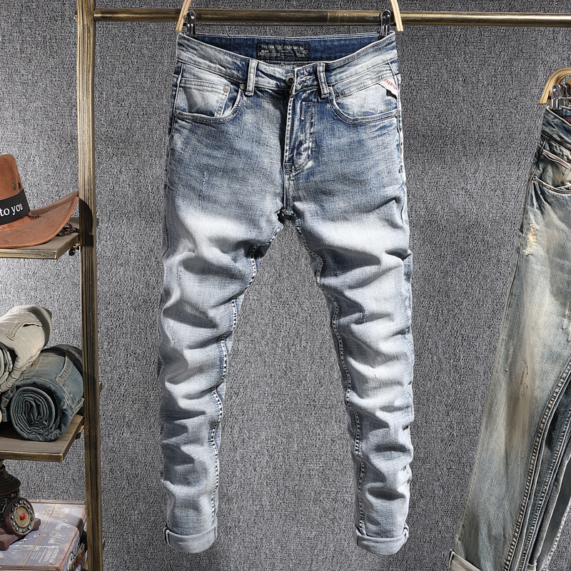 

2021 New Newly Italian Style Fashion Men Jeans Retro Light Blue Slim Fit Elastic Denim Pants Hombre Vintage Designer Casual Long Trousers N4