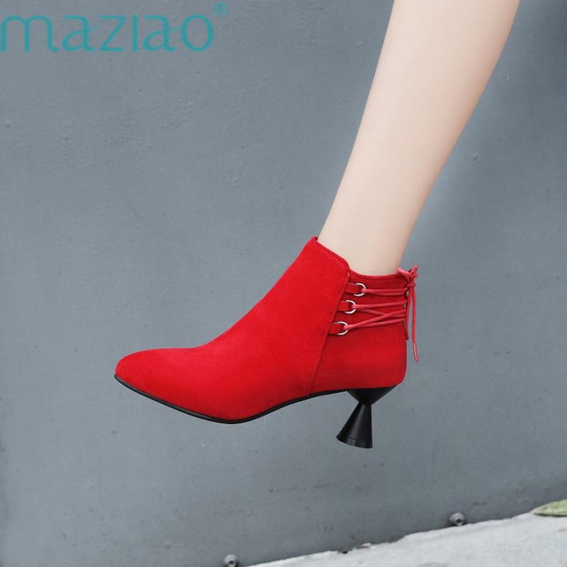 

High Thin Heels Fashion Ankle Boots Pointed Toe Knight Women Shoes Solid Suede Zipper Size 32-43 MAZIAO, Black