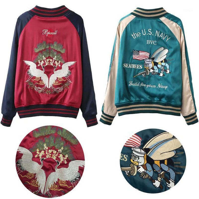 

New Women Bomber Jacket Reversible Jackets Red&Cyan AB Wear Zipper Pocket Embroidery Casual O-Neck Coats Baseball Uniform Femal1, As pic