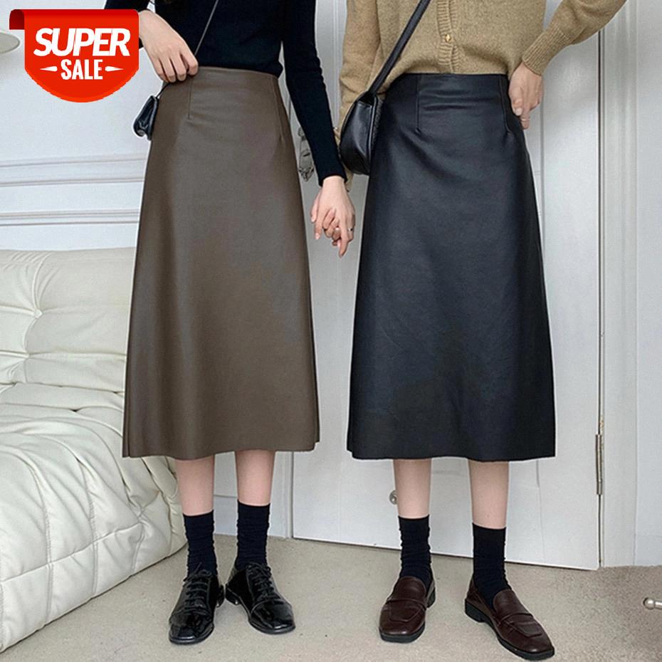 

QoerliN Black Solid PU Leather Elegant Midi Skirt Women 2020 Spring High Waist Office Ladies A Line Flared Skirts Faux Leather #Ln1X, White;black