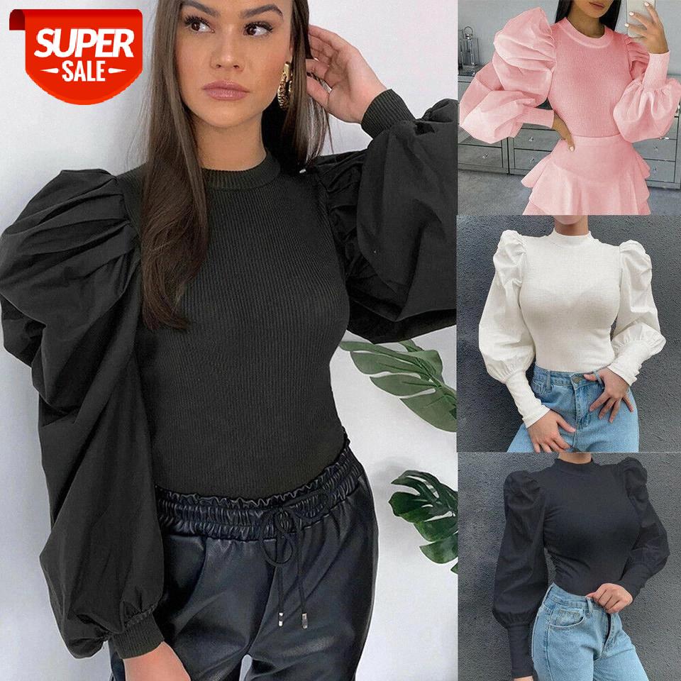 

New Womens Retro Long Puff Sleeve Shirts Spring Fall Black White Solid Fashion Elegant and Tops Female Clothes #d26E