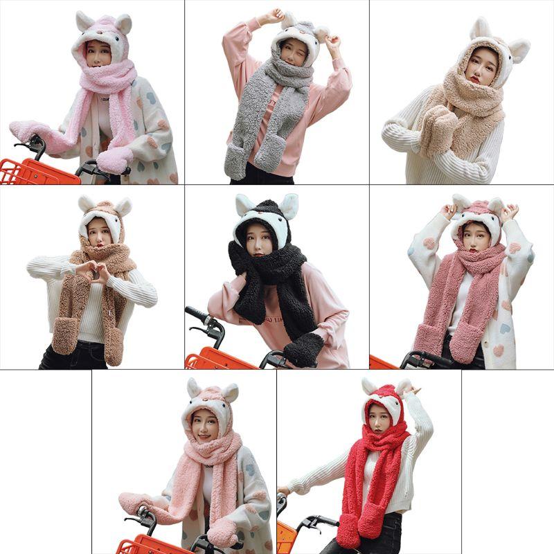 

Unisex Adult Cartoon 3 in 1 Hat Gloves Scarf Animal Pattern Hoodie Earflap Cap
