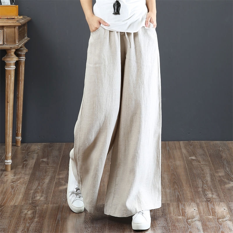 

F&je New Spring Summer Women Pants Plus Size High Waist Loose Solid Cotton Linen Wide Leg Pants Female Casual Trousers Big D50 201228, White