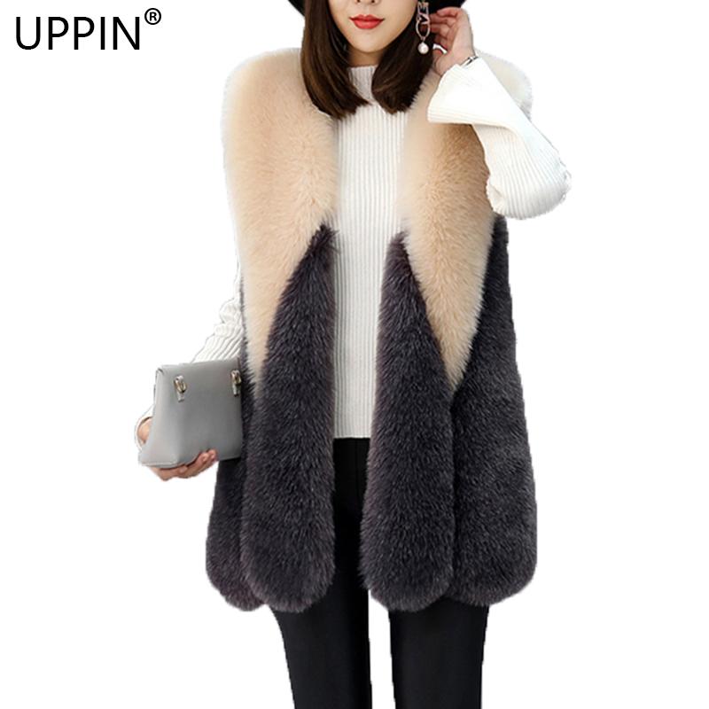 

UPPIN Multi Colored Faux Fur Vest Women Plus Size Drop Shape Spliced Girls Winter Coat Ladies Elegant New Furry Women Jacket, White-khaki