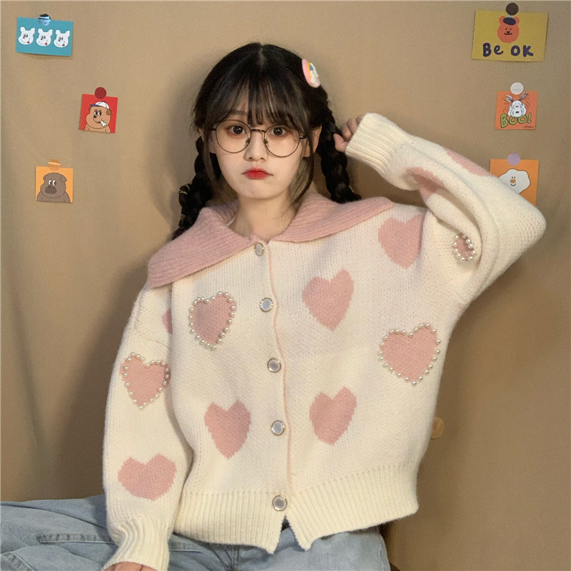 

2021 New Kawaii Knits Cardigan Girls Heart Pearl-shaped Beads Pretty Female Style Sweaters Turn Down Collar Short Pink Jumpers 7BQF, Multi