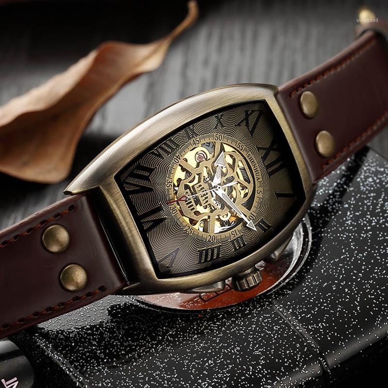 

Retro Watch Classic Transparent Skeleton Automatic Mechanical Watch Oval Shape Skull Men Wristwatches Top Brand Clock Zegarek1, Brown