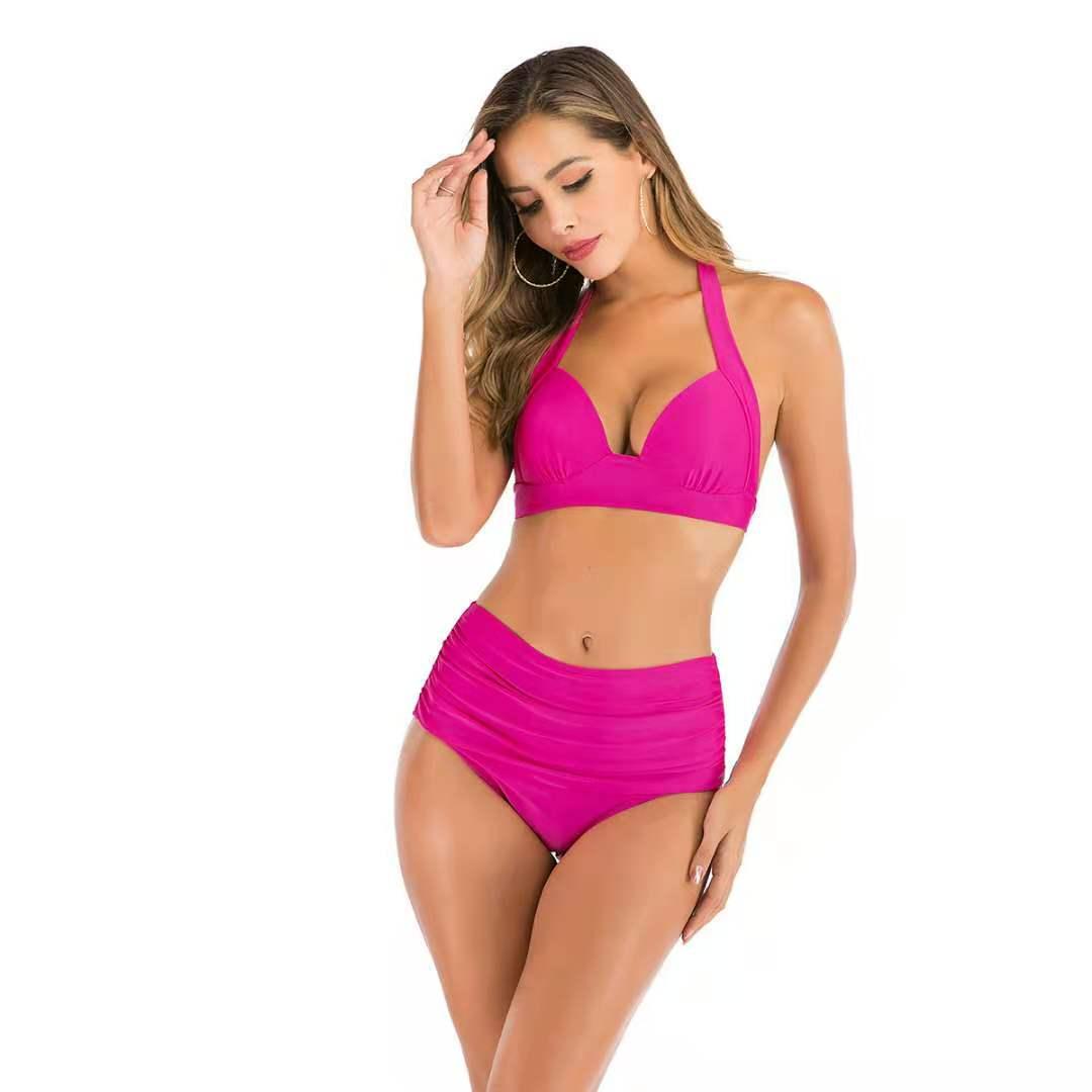 

2020 new swimsuit multi color sexy solid color print high waist split swimsuit bikin bikini 002