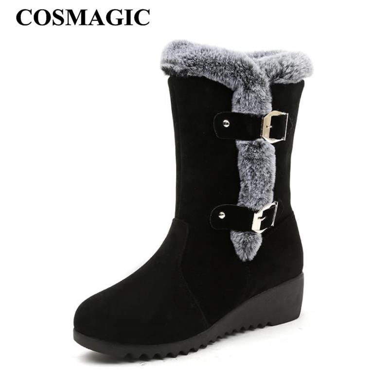 

COSMAGIC 2020 New Winter Women Non-slip Snow Boots Fur Warm Med Heel Booties Platform Plush Inside Round Toe Botas Mujer, Black