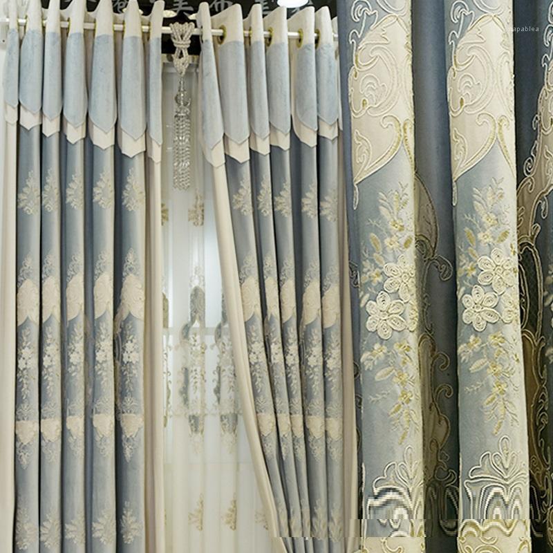 

Blue European curtain Italian flannel embroidered curtain finished Nordic luxury living room bedroom1, Tulle