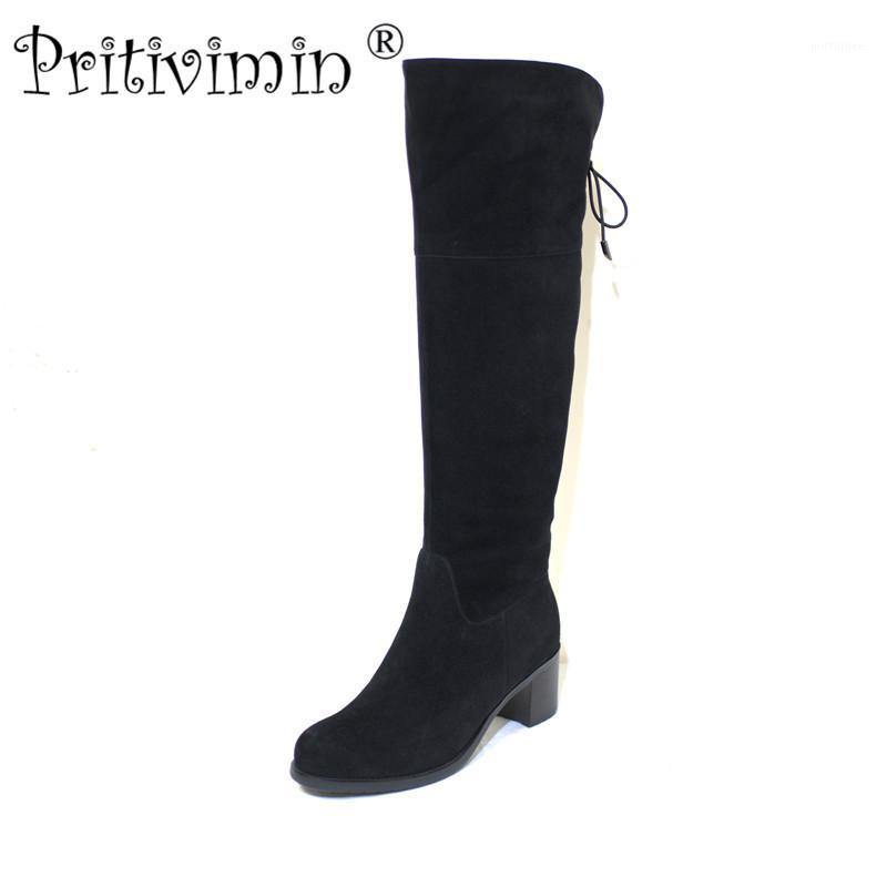 

Pritivimin FN79 Ladies kide suede bottes femme winter women handmade warm real wool lined shoes girls over the knee high boots1, Black