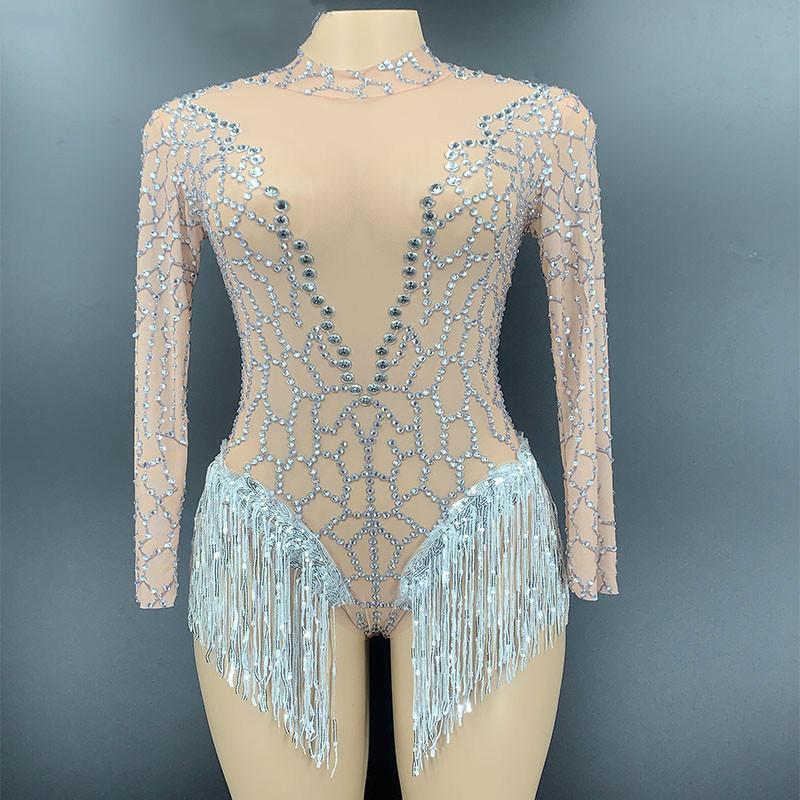 

Sparkly Rhinestone Fringe Transparent Bodysuit For Women Dancer Show Leotard Celebrate Outfit Prom Bar Singer Costumes, Dress