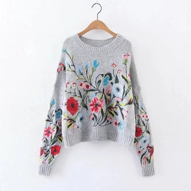 

LANMREM Korean Autumn Winter fashion new solid color round collar full sleeve loose embroidered sweater women V74702 201111, Gray