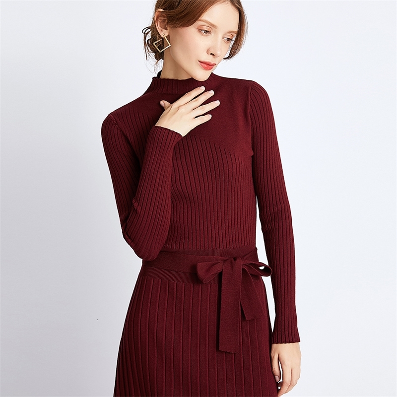 

Turtleneck Long Women 2020 Autumn Winter Warm Dress With Sashes A Line Knitted Pullover Sweater Dresses Pull Femme E681, Black