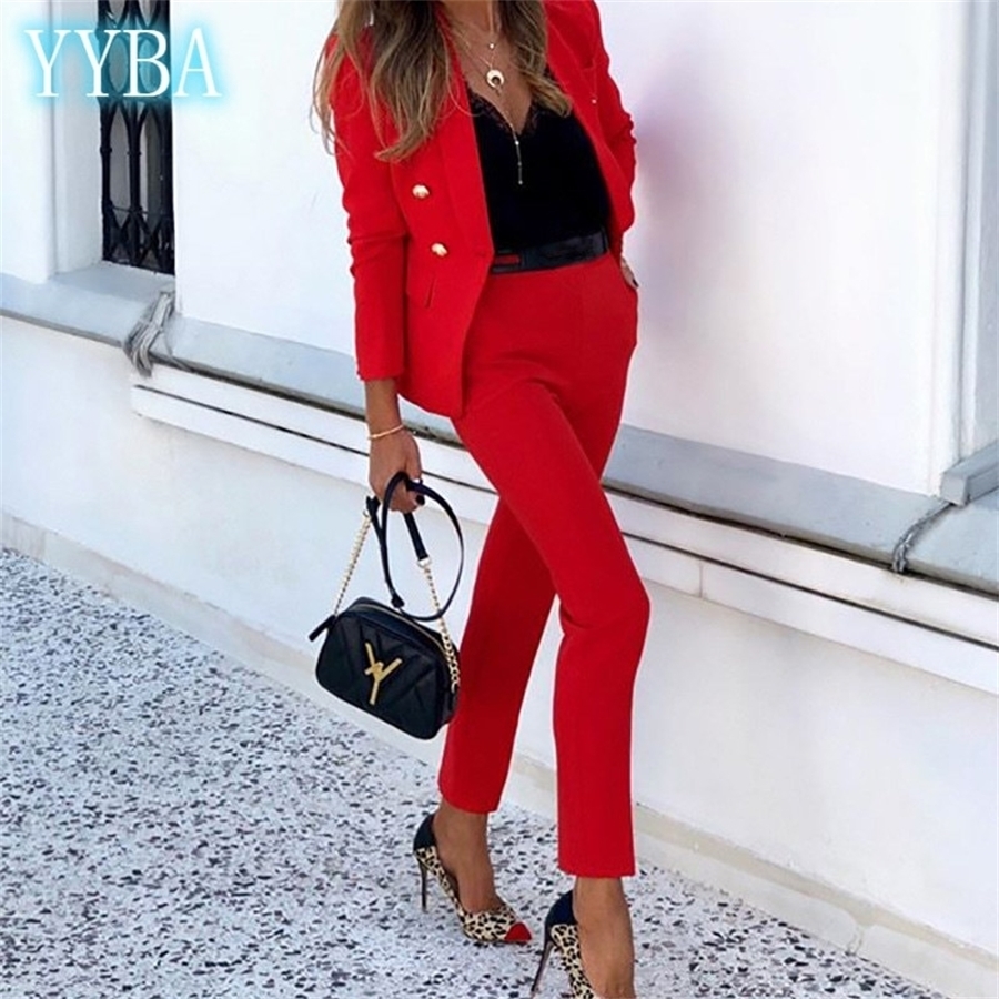 

Suit long sleeve elegant vintage retro Pure color Women's Clothing Office Lady two piece trendy business cotton buckle YYBA 200923, Orange
