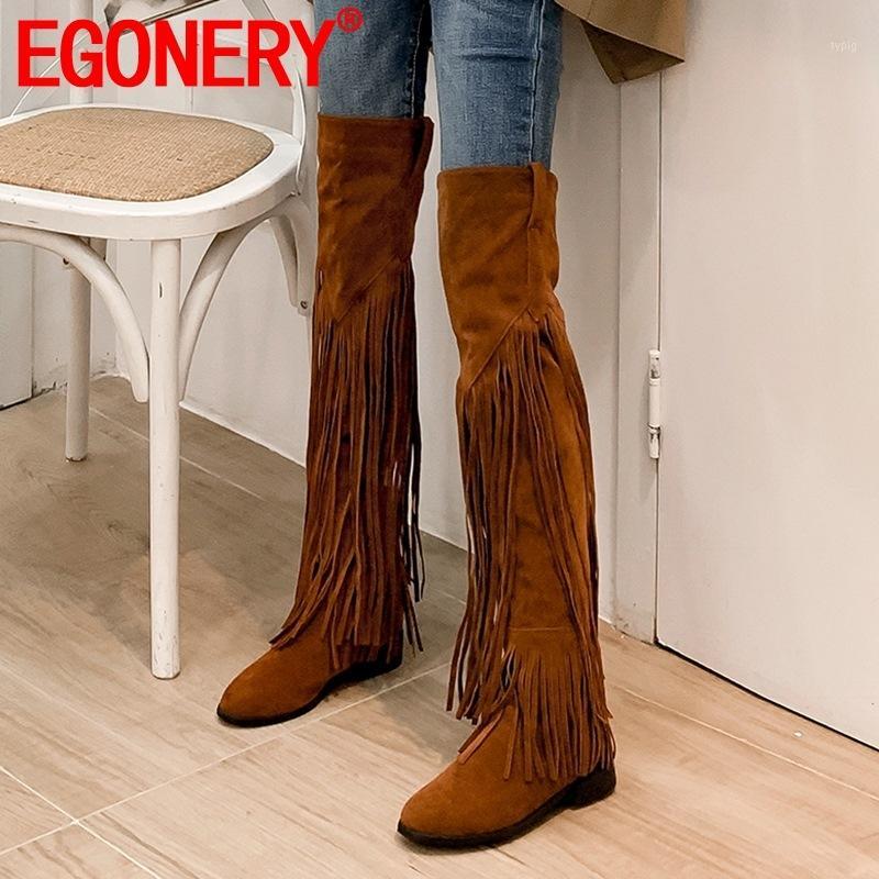 

EGONERY woman shoes 2020 winter new fashion fringe mid heels flock over knee boots outside warm round toe plus size ladies shoes1, Black