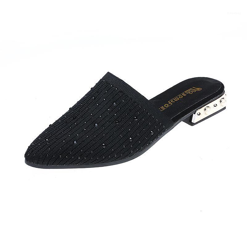 

Kjstyrka 2020 Rhinestone Female Mules Fashion Low Heels Shoes Pointed Toe Ladies Elegant Slipper Woman Patchwork Sandals1, Black