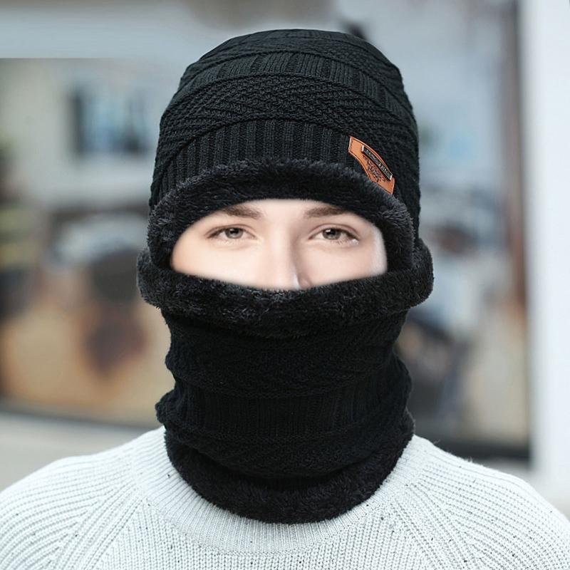 

25#Men Winter Thermal Skullies Plush Scarf Woolen Cap Cycling Windproof Skullies+scarf Two-piece Suit Windstopper Beanies