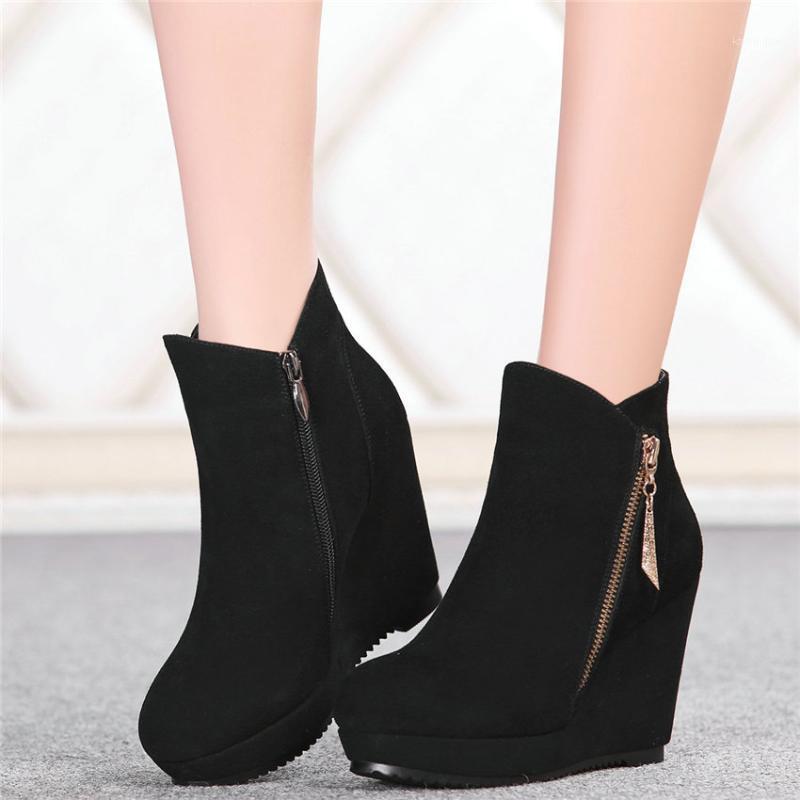 

2020 Women Black Shoes Cow Suede Leather High Heel Ankle Boots Platform Wedges Party Pumps Punk Goth Trainers Lady Casual Shoes1