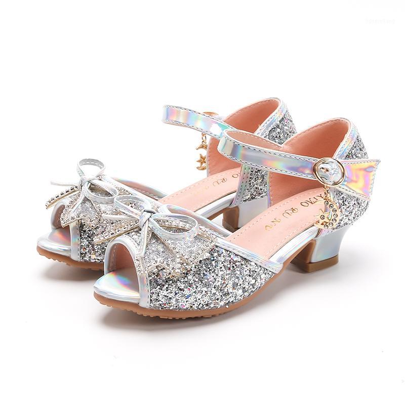 

Kids Girls Sandals Open Toe Fish Mouth Sandals with Low Heel Bling Children Princess Shoes with Bow Fashionable SJD0441, Sjd044silver