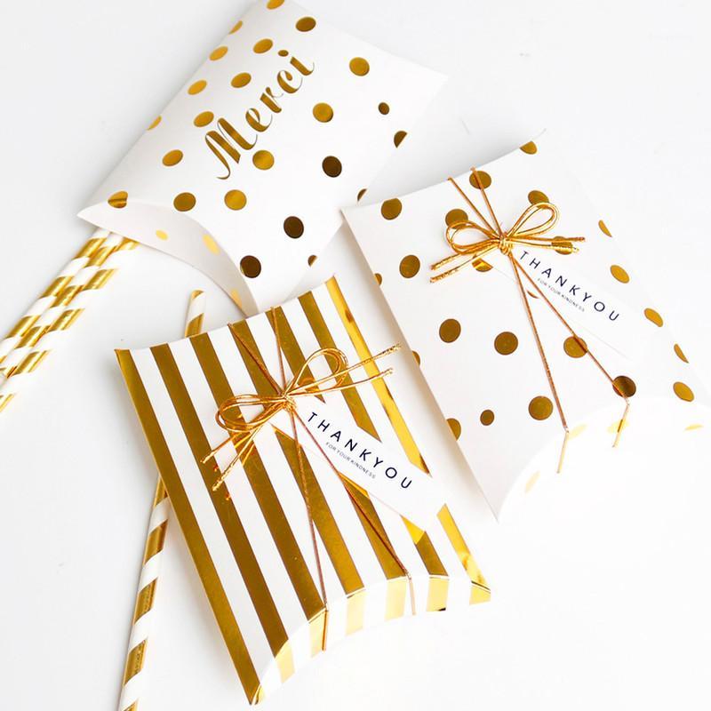 

5pcs Paper Gift Box Pillow Shape Box Golden Striped Dots Paper Bag Merci Thank You Candy Wedding Packaging Kid Party1