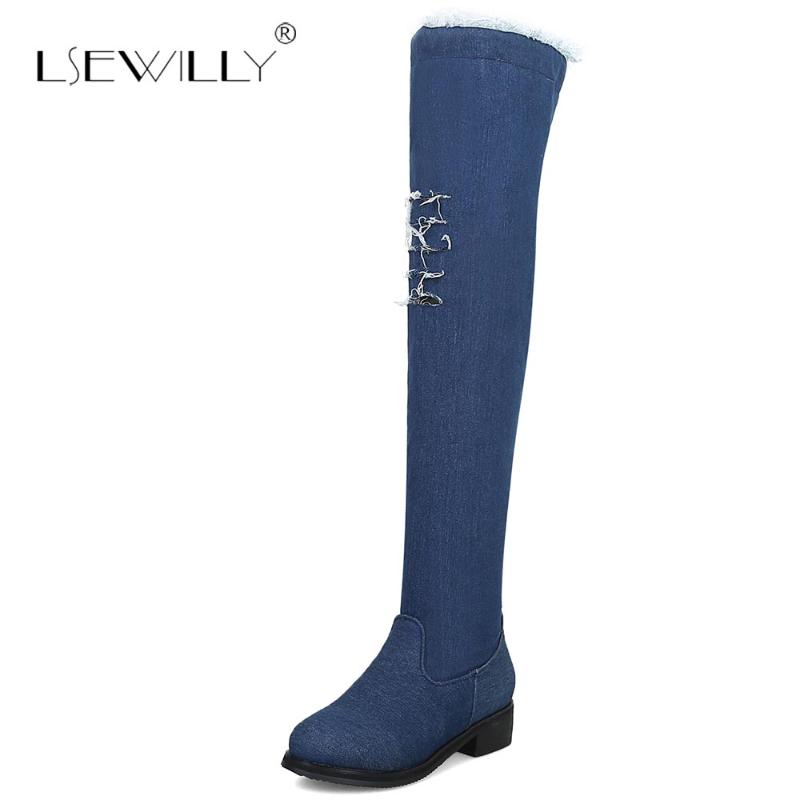 

Lsewilly Plus Size 32-48 Sexy Women Thick Heels Boots Zipper Warm Denim Shoes Women Winter Over Knee Boots Fashion Shoes E150, Black