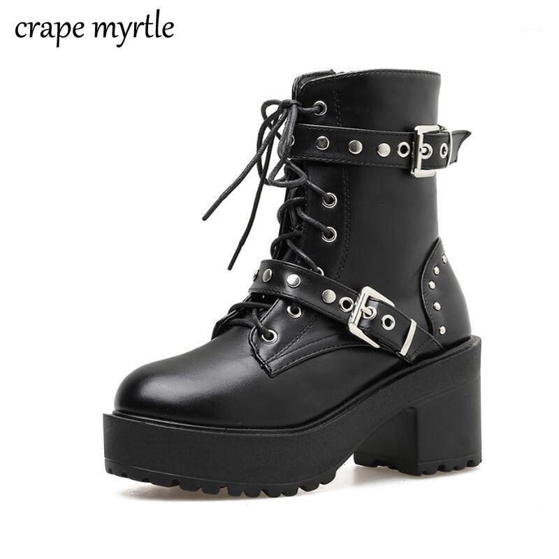 

2020 New Buckle Winter Motorcycle Boots Women British Style Ankle Boots Gothic Punk Low Heel ankle Boot Women Shoes YMA9061, Black