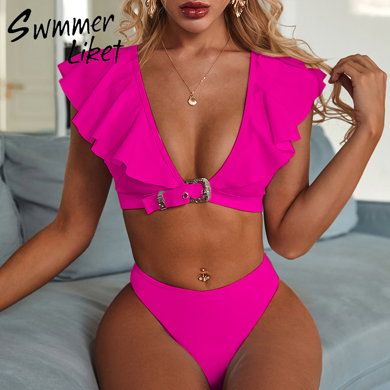 

Vintage bikini push up swimwear women Ruffles solid swimsuit female High cut two piece suits V-neck bathing suit sexy bikuini Y200319, X20sw2922-1