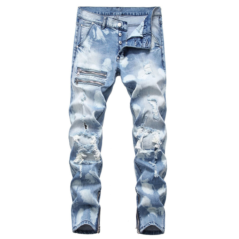 

Men Jean Pants With Button Closure Print Ripped Hole Slim Denim Pant Ankle Zipper Pencil Pants Plus Size 48, Blue
