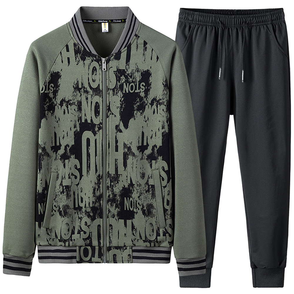 

2021 New 2 Piece Set Jacket and Pants Men Sports Wear Pattern Printed Mens Tracksuit Fashion Clothing Sweatsuit 8570, Green
