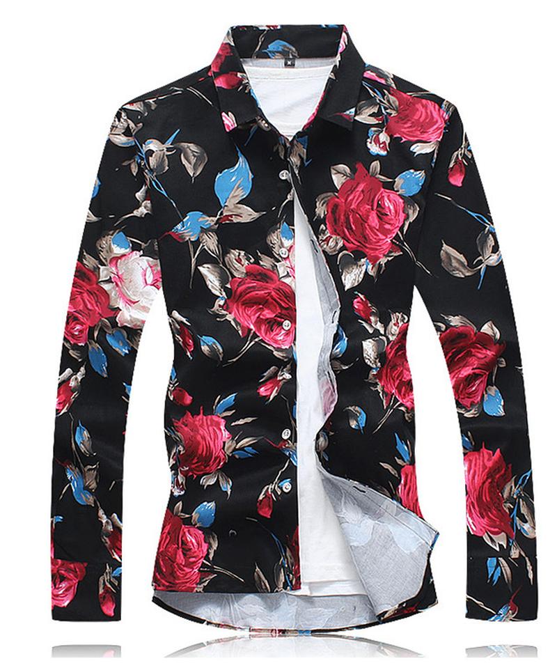 

Men new Floral Print Shirt Big Size -5XL Cotton Shirt Men Long Sleeve Blouse Male Spring Tops Clothes Casual Beach, White and blue
