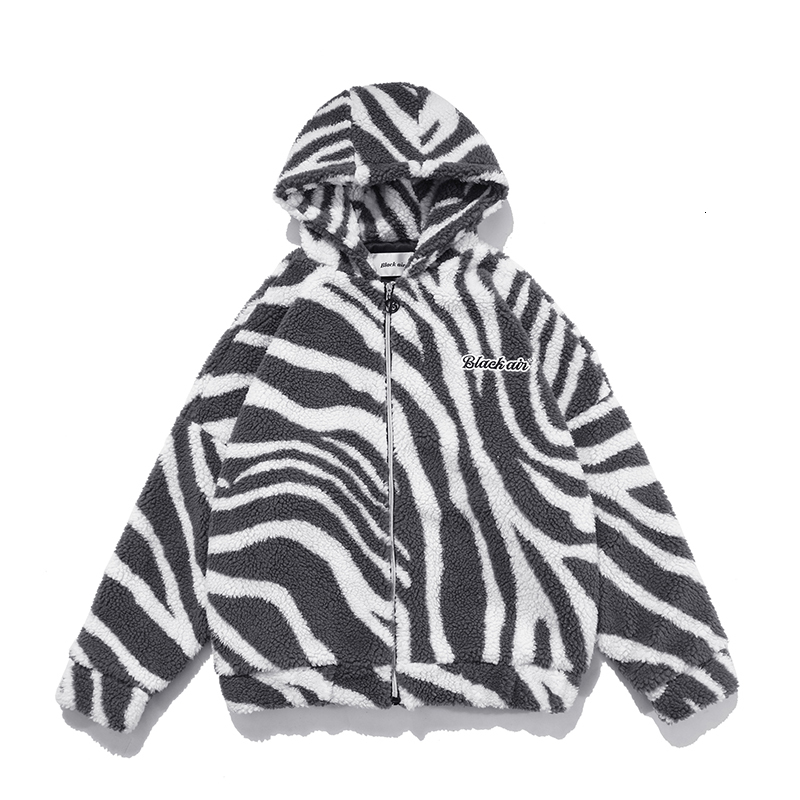 

2021 New High Street Zebra Print Lamb Casual Hooded Winter Coat Men and Women Thick Windbreaker Oversize Wadded Jacket Loose Parkas Jeep, Black