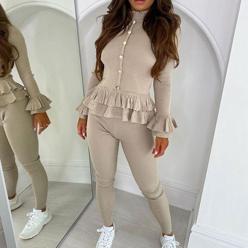 

Women Vital Ribbed Frill Peplum Gold Button Loungewear Suit Tracksuit Set Fitness Leggings+Long Sleeve Shirts Sport Suit Active, Green