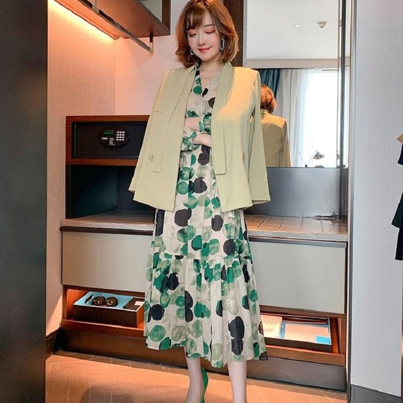 

Spring summer dress 2020 fashion casual blazer + V-neck printed dress new suit female was thin 2 piece set women, Green dress