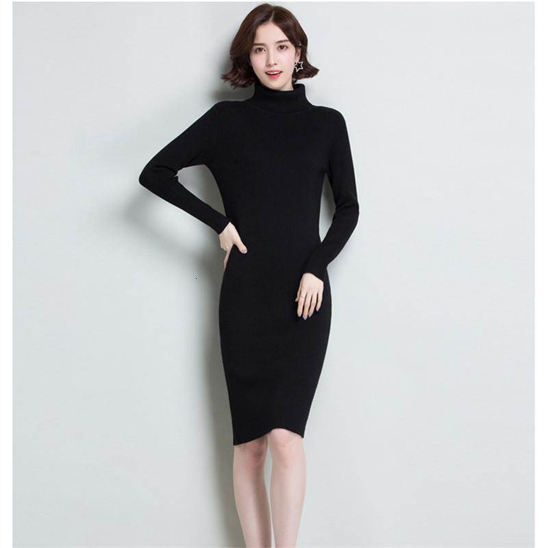 

2021 New Sleeve High Collar Knitted Ladies Winter Dress Warm MI0W, Black