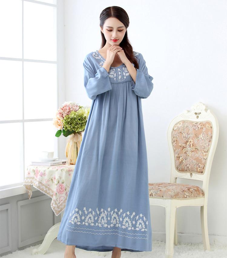 

Spring Autumn Female 100% Cotton Embroidery Loose Comfortable Homewear Seven Minutes Sleeve Nightdress Korean Version Nightgown