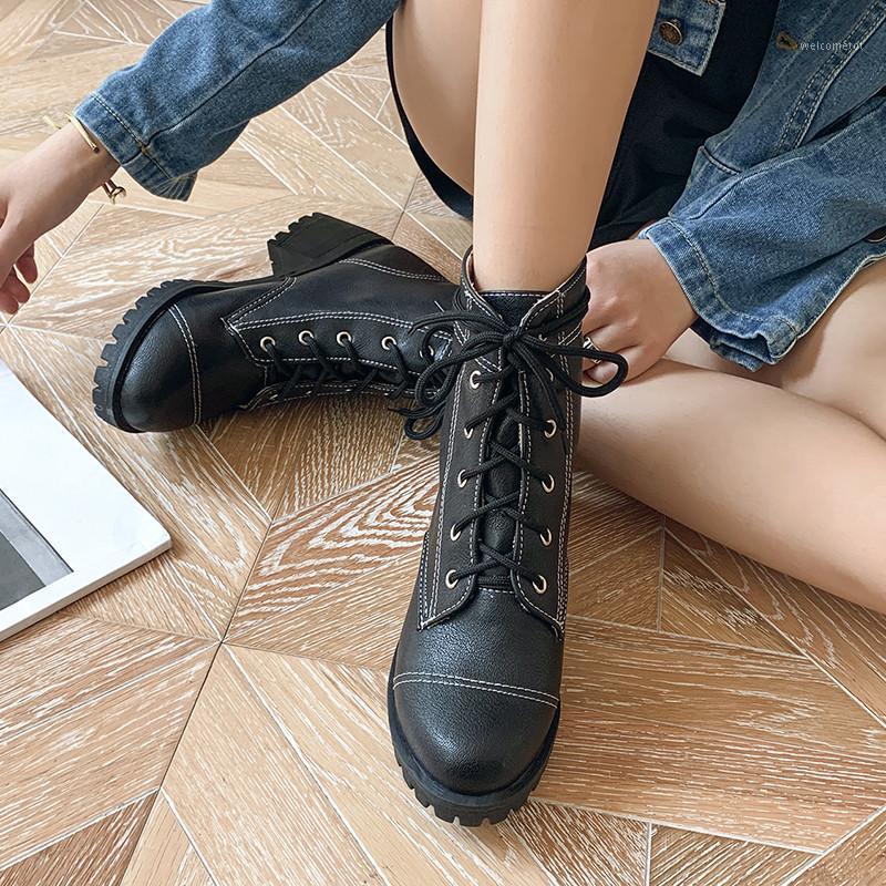 

YQBTDL 2020 New Winter Lace Up Boots Chunky Block Heels Sewing White Black Knight Biker High Heel Womens Boots Ankle Shoes1