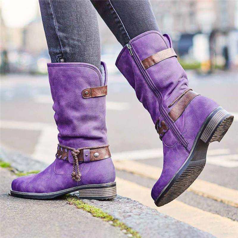 

Women Riding Boots Low Heels Platform Vintage Ladies Shoes Autumn Winter Buckle Strap Zipper Female Mid Calf Boots Plus Size