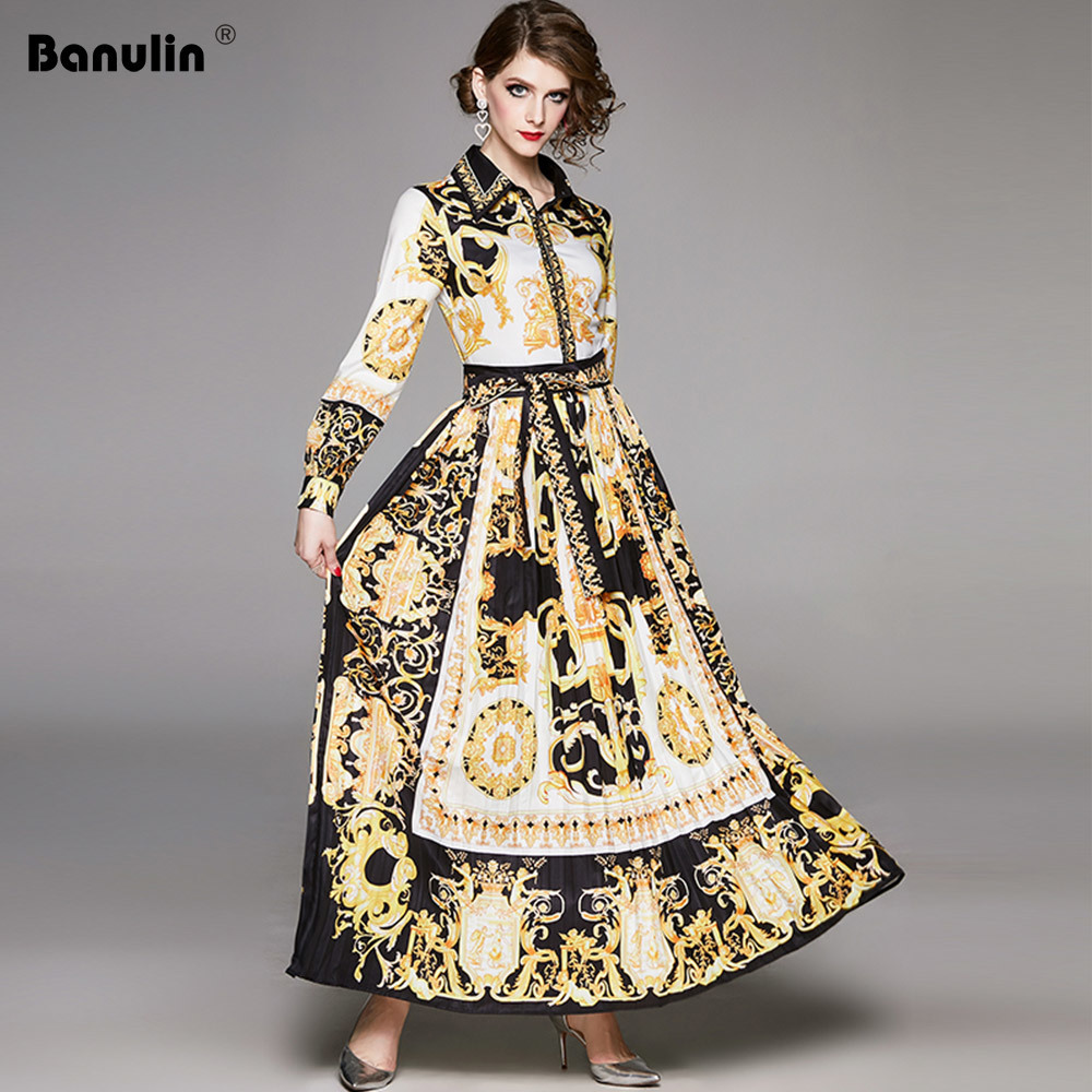 

Banulin Runway Designer Women's Maxi Dress Spring Vintage Baroque Floral Print Puff Sleeve Sashes Pleated Shirt Dress 201204, Design and color