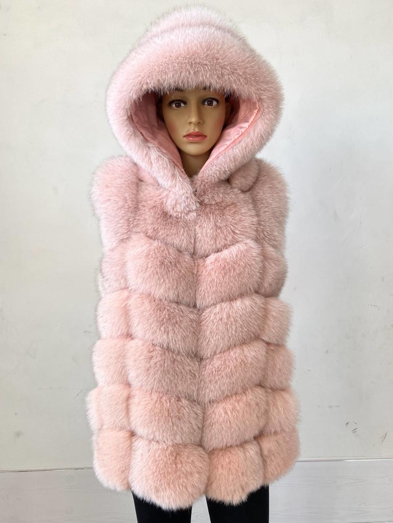 

Real Fur Vest Natural Detachable Hood Cap Fashion Winter Women Length 68cm, Beige