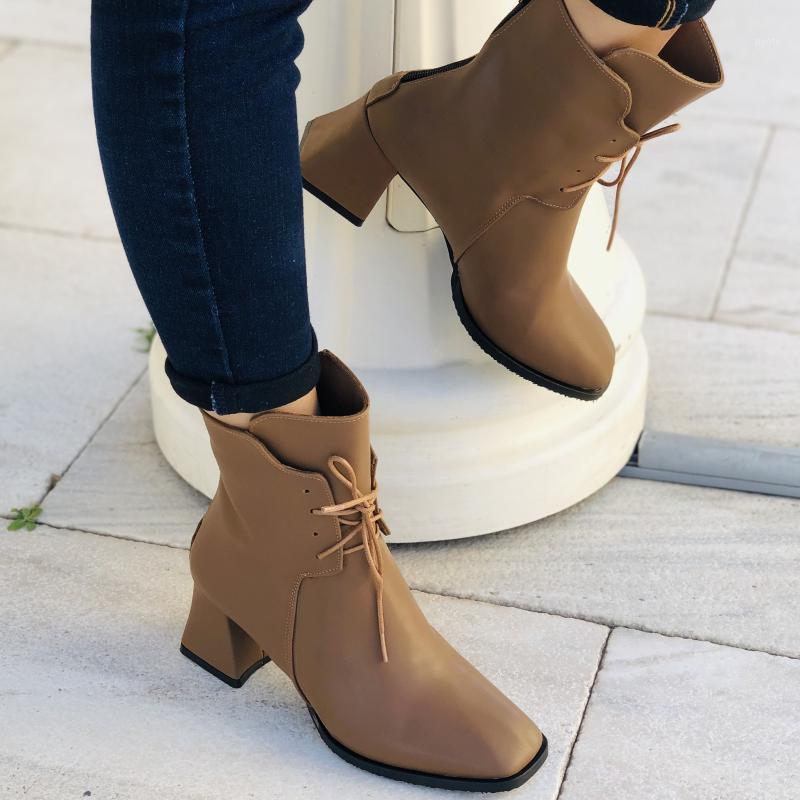 

Women's Mink Square Toe Side Zipper Square Heel Ankle Boots1, Brown